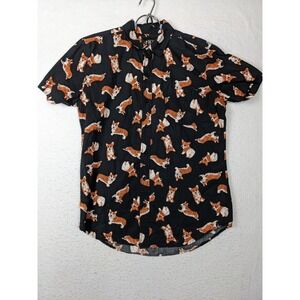 Rude‎ Corgi Dog Print Black Button Short Sleeve Shirt Size S